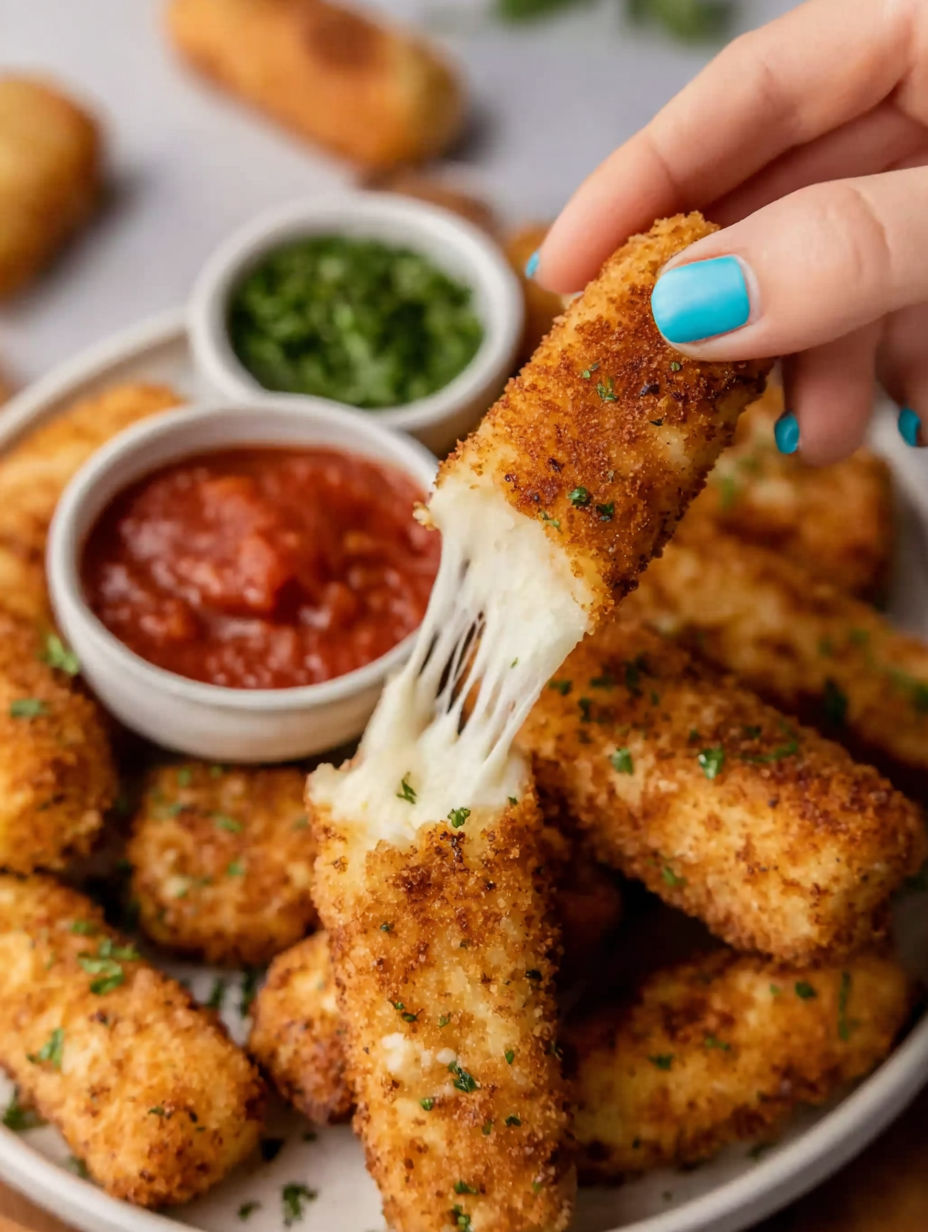 A hand holding a piece of cheese covered food.