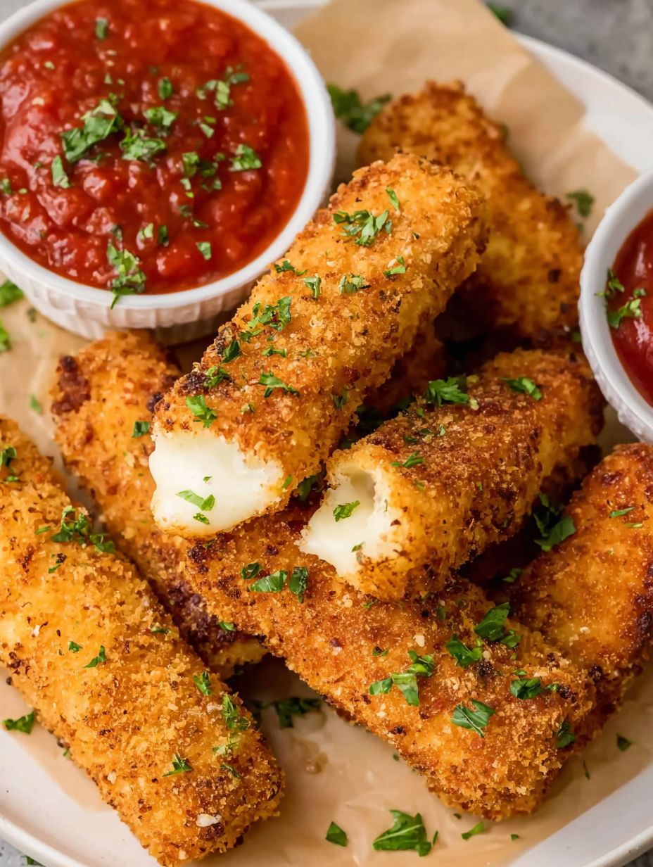 Mozzarella sticks in a bowl with marinara sauce.