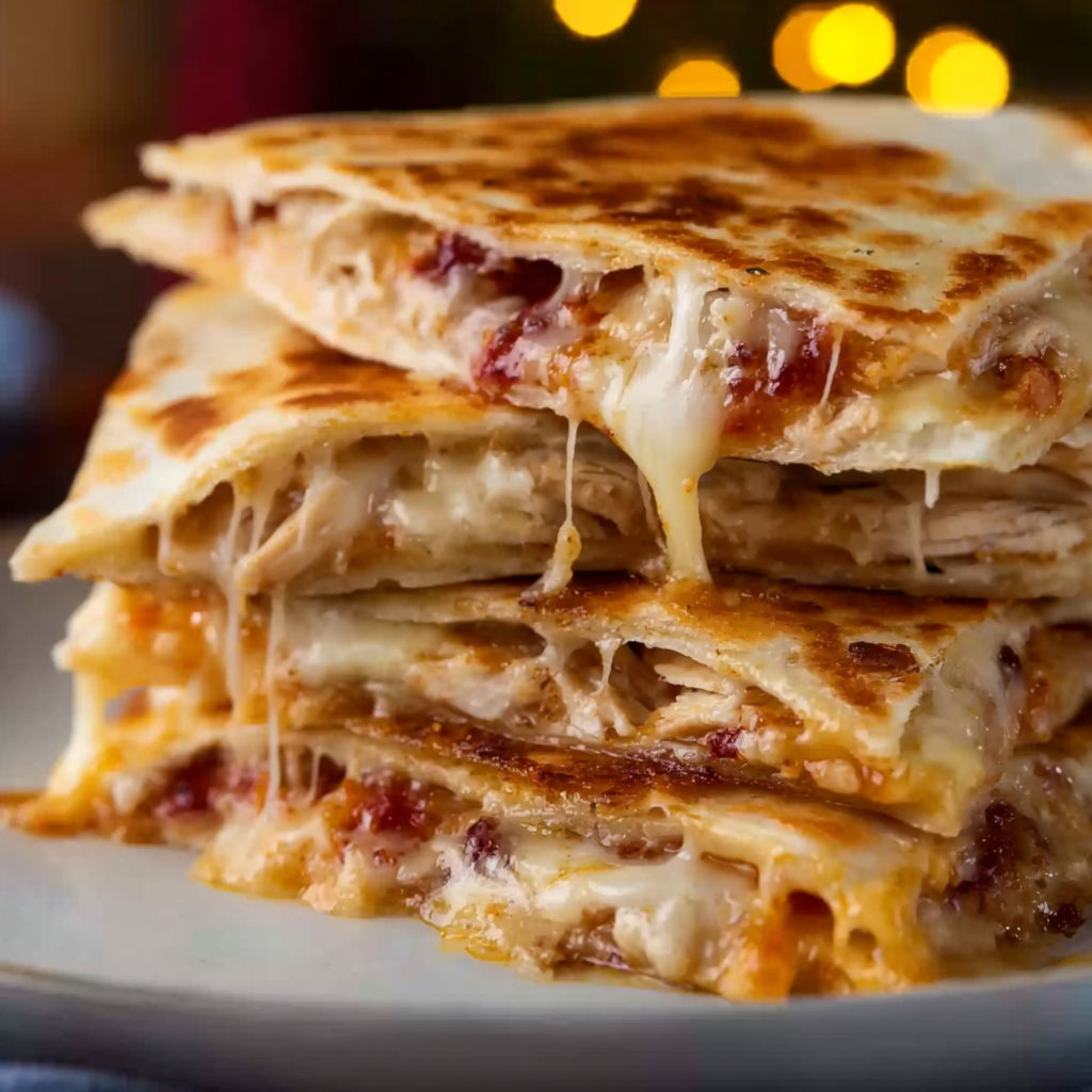 A stack of quesadillas on a plate.