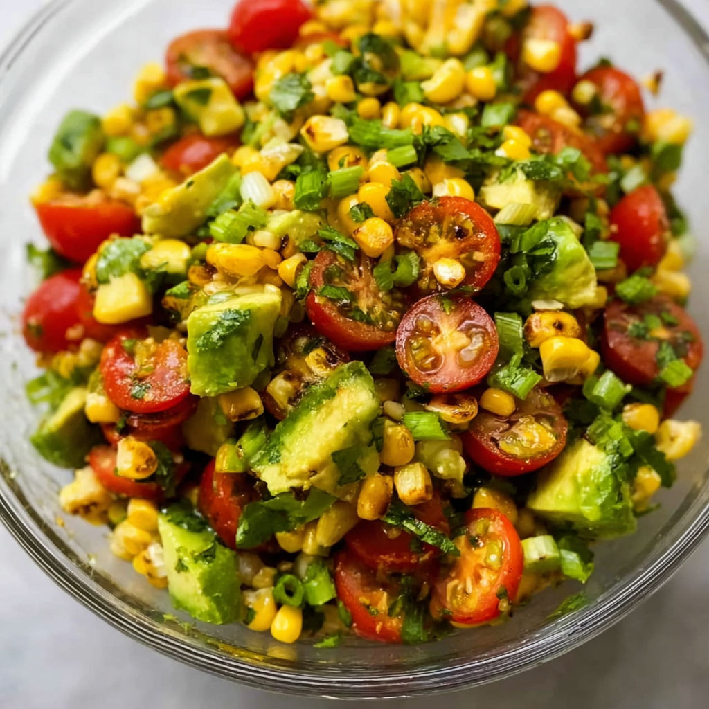 A bowl of corn salad with tomatoes and avocado.