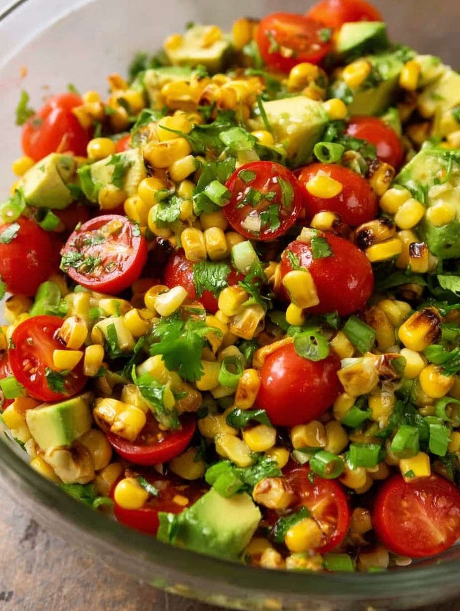 A bowl of corn and tomatoes with avocado.