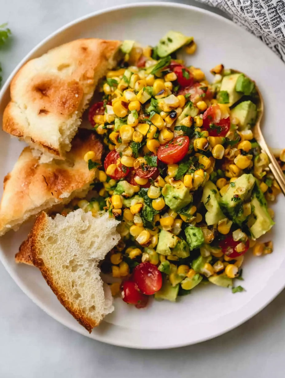A plate of food with corn, tomatoes, and avocado.