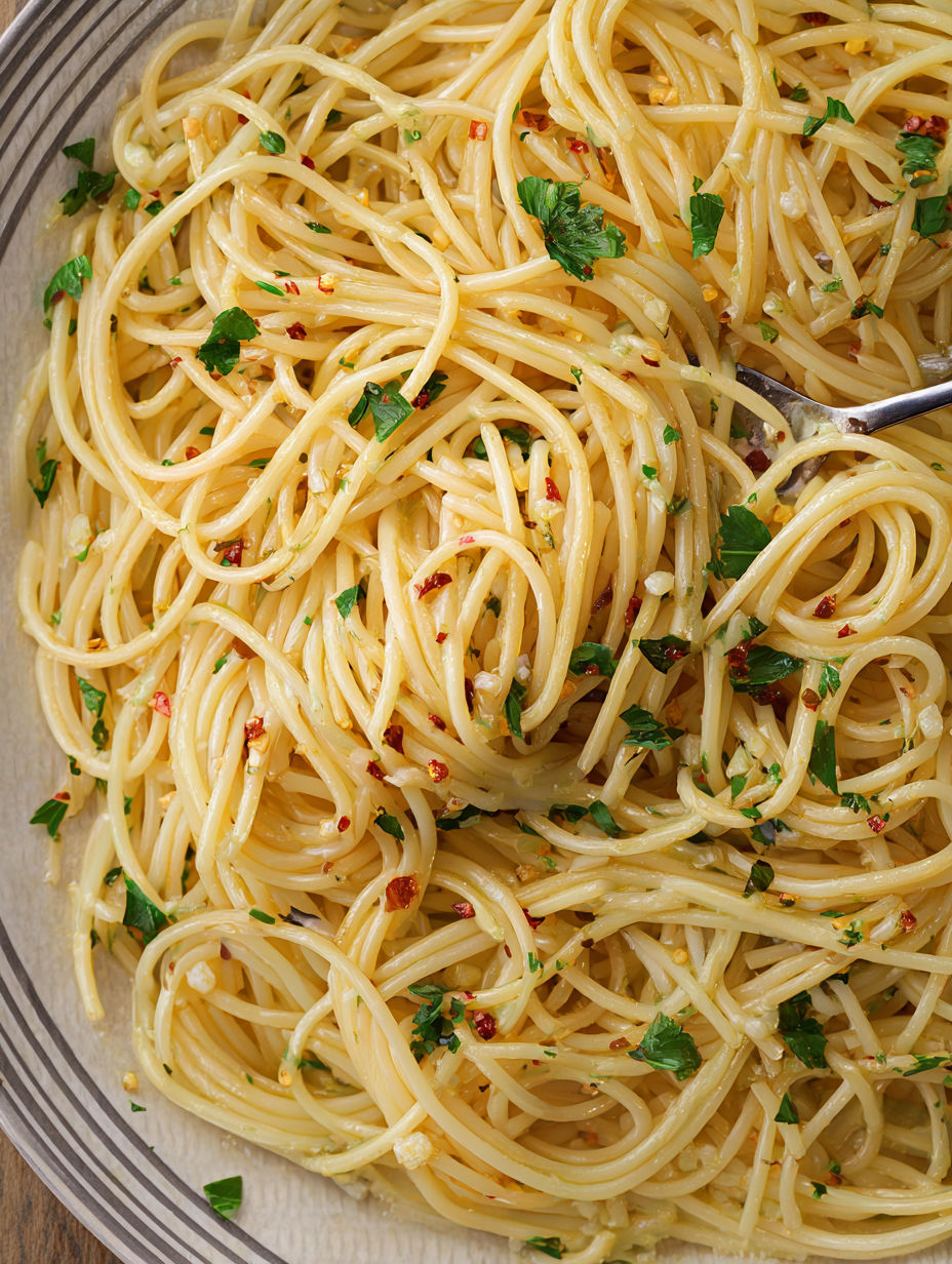 A bowl of spaghetti with red peppers and green herbs.