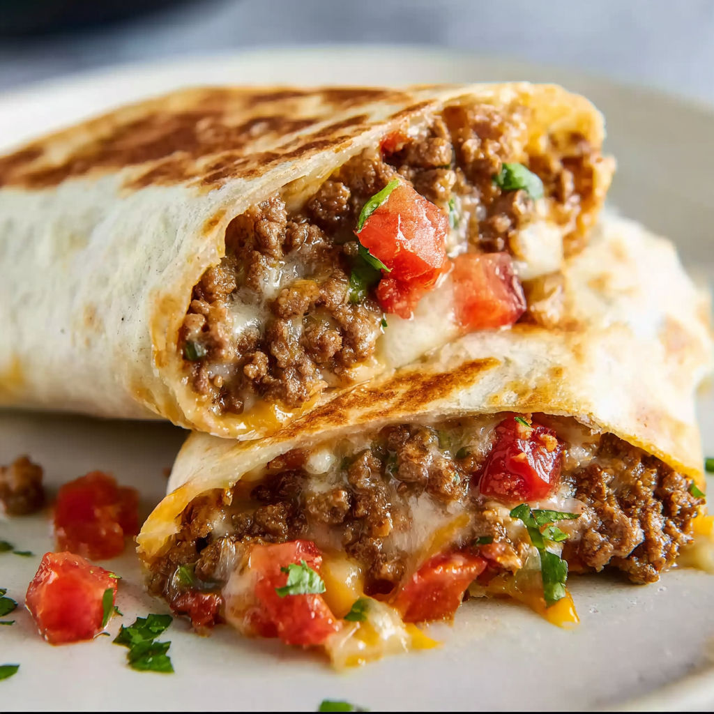 A delicious Mexican burrito with meat and tomatoes.