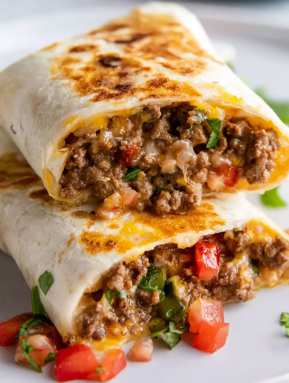 A burrito with meat and tomatoes.