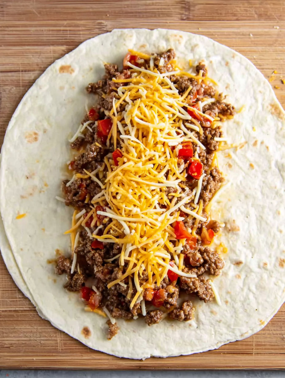 A delicious burrito with meat and cheese.