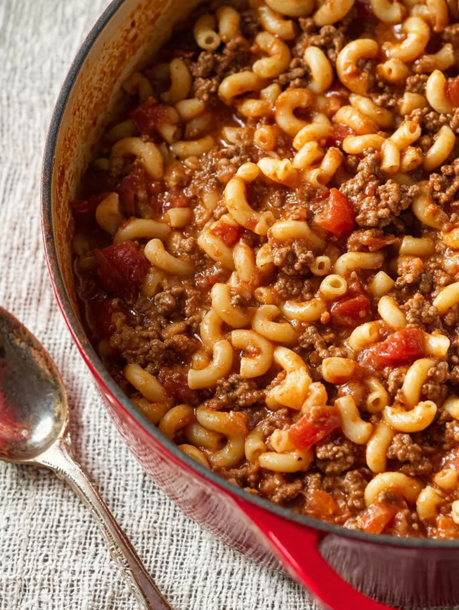 A bowl of old fashioned goulash with noodles and tomatoes.