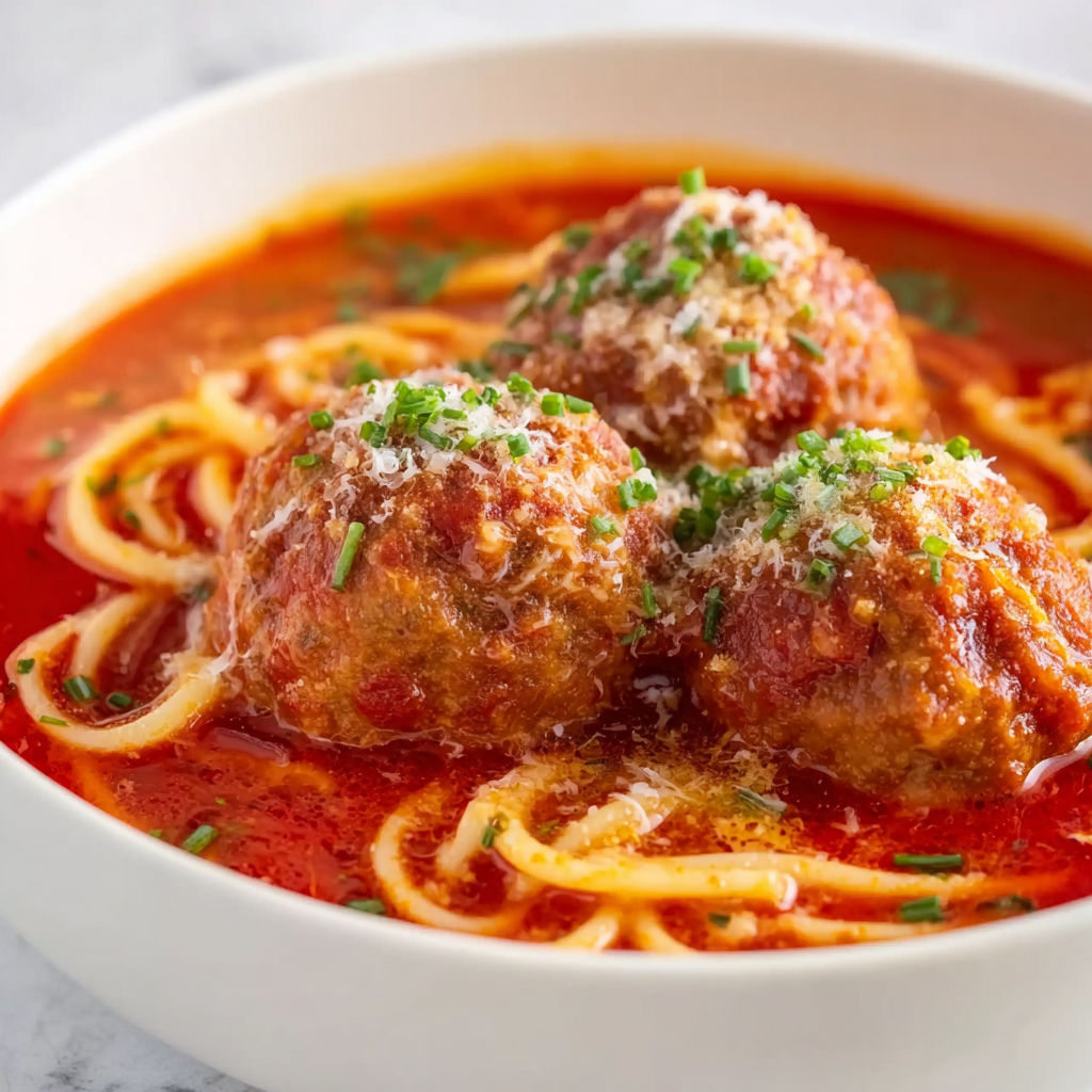 A bowl of spaghetti and meatballs.