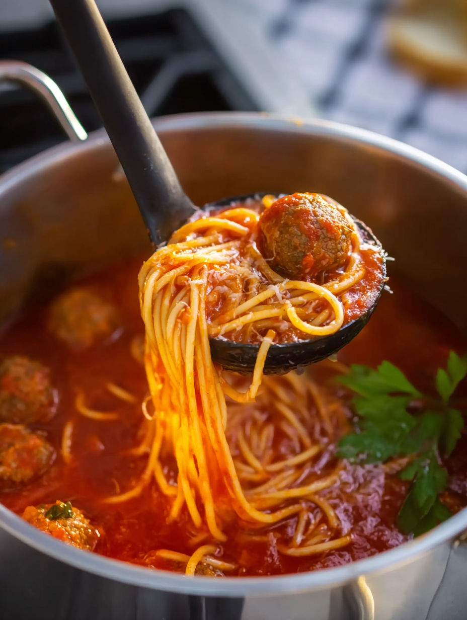 A spoon is scooping up spaghetti and meatballs.