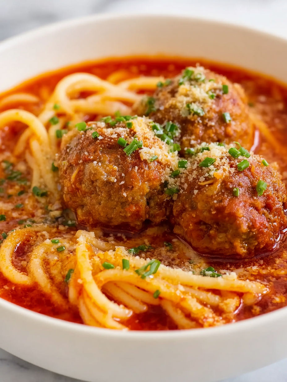 A bowl of spaghetti with meatballs and sauce.