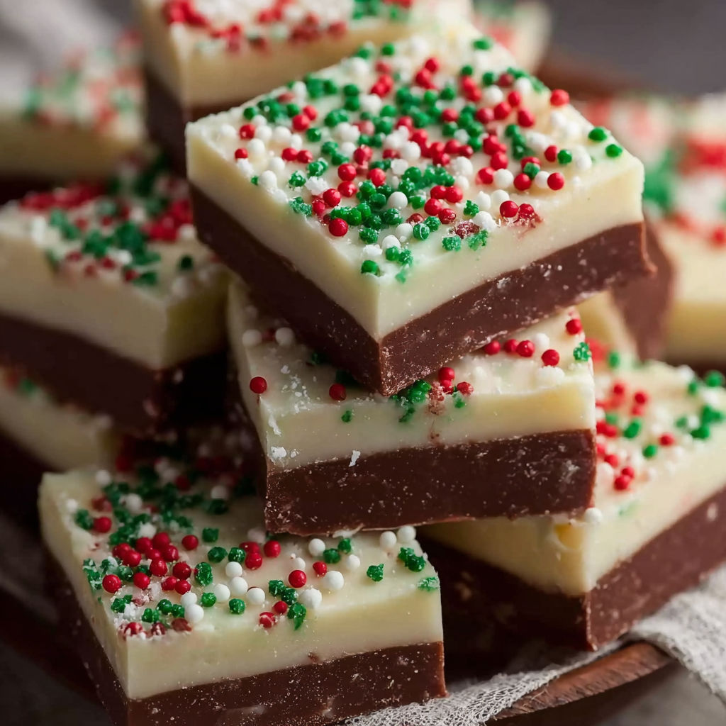 A stack of chocolate and white fudge bars.