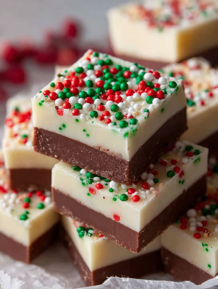 A stack of chocolate and white fudge squares.