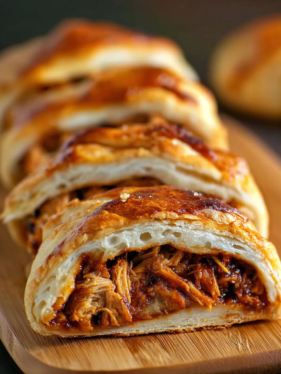 A close up of a barbecue chicken pizza braid.