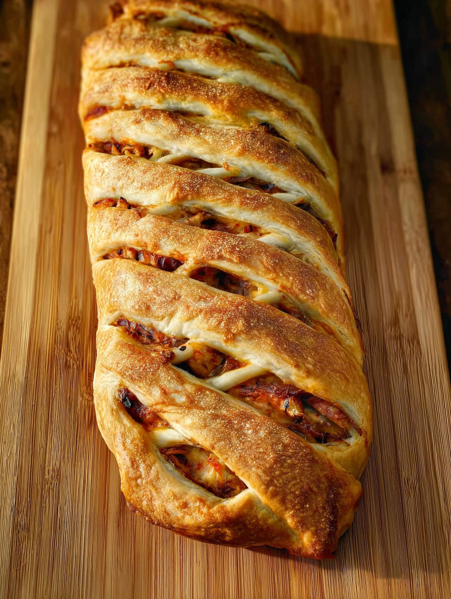A braided pizza with barbecue chicken toppings.