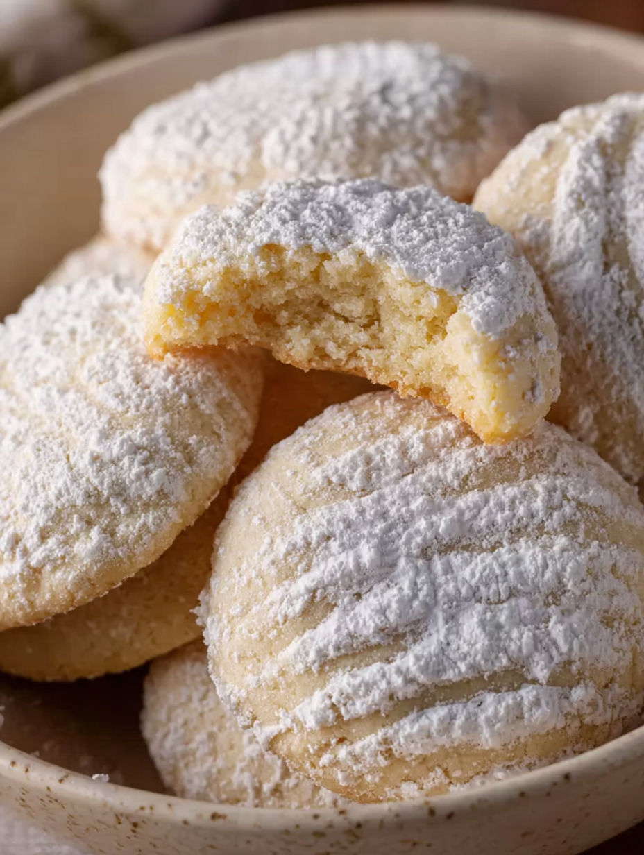 A bowl of powdered sugar covered cookies.