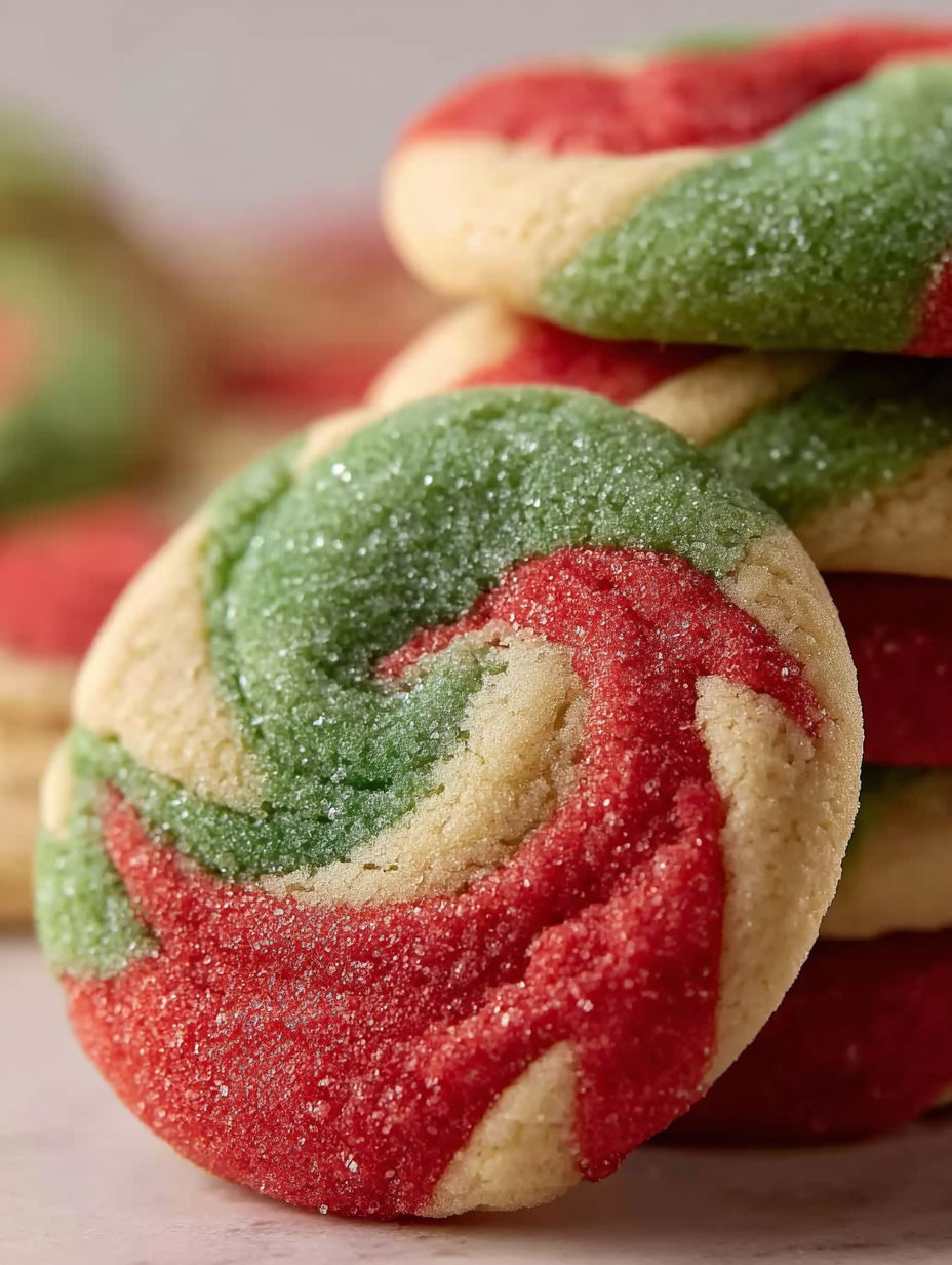 A stack of colorful cookies with a marbled design.