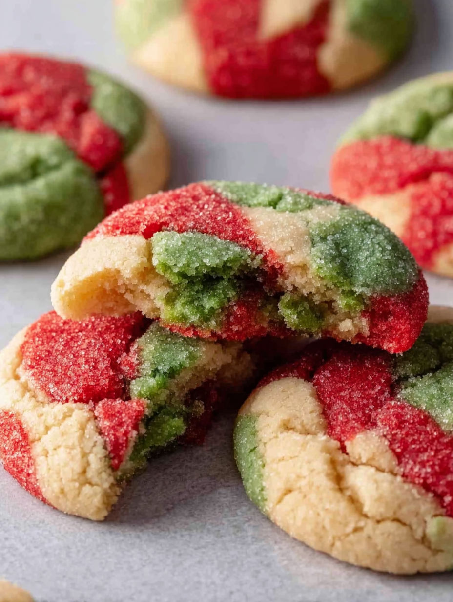 A close up of a red and green marbled cookie.