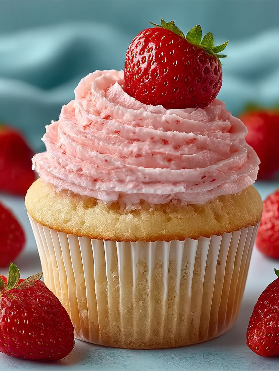 A cupcake with strawberry cool whip topping.
