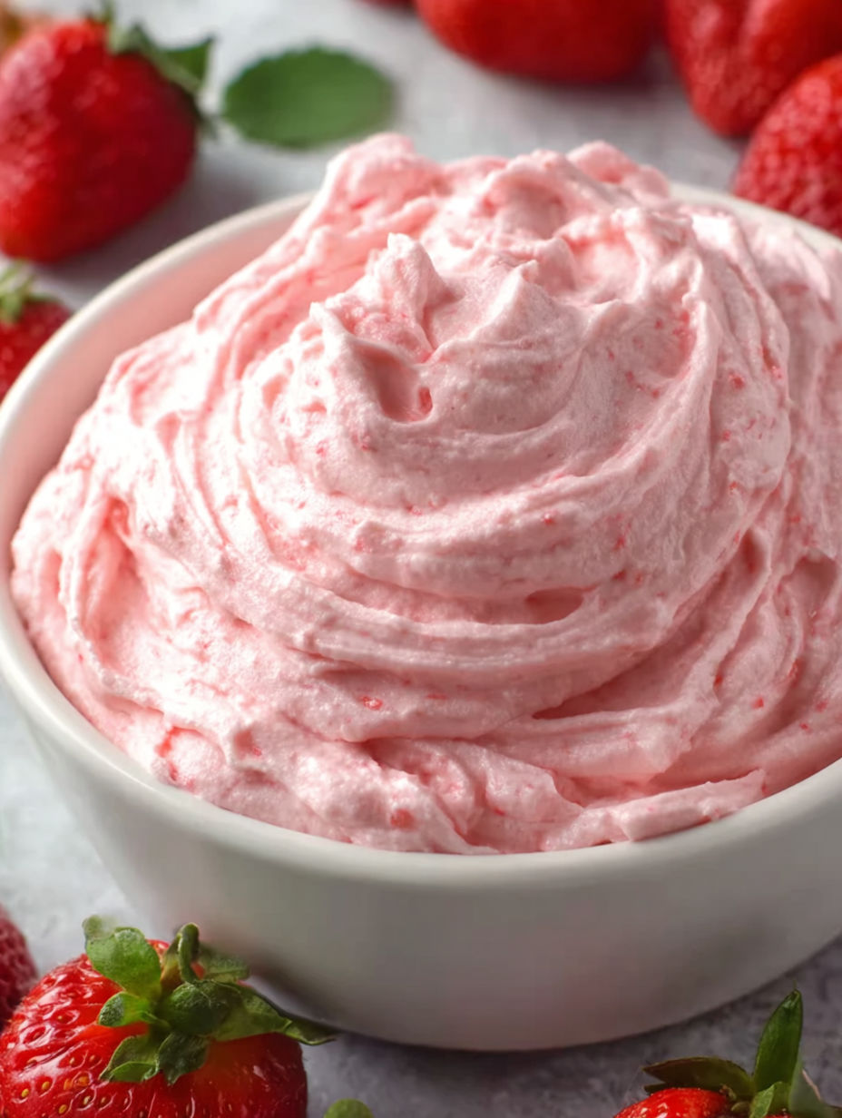 A bowl of strawberry cool whip topping.