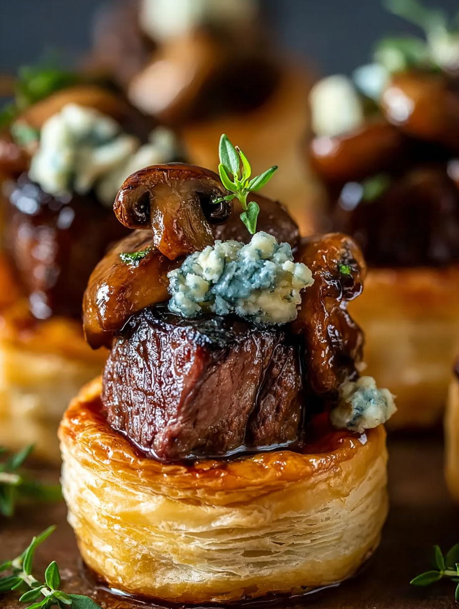 Mini beef wellington bites with blue cheese.