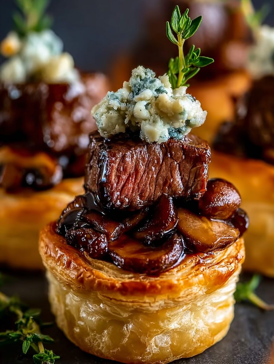 Mini beef wellington bites with blue cheese on top.
