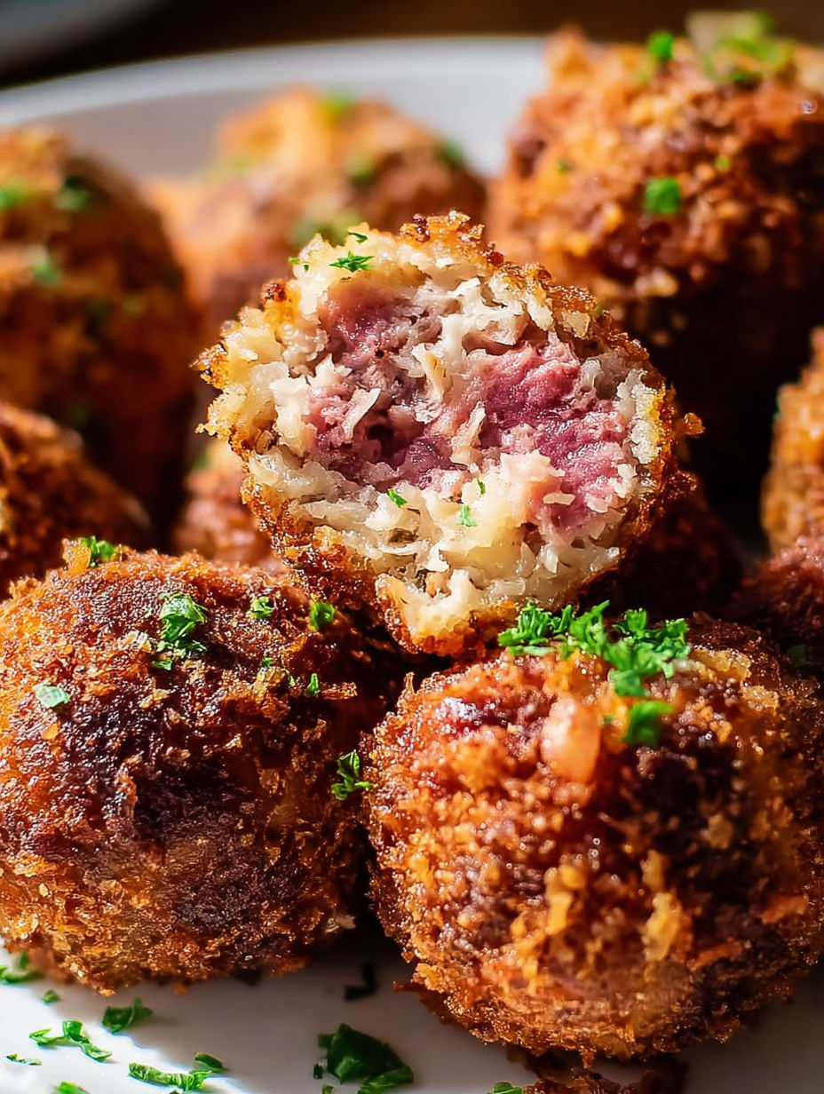A close up of a Reuben corned beef ball.
