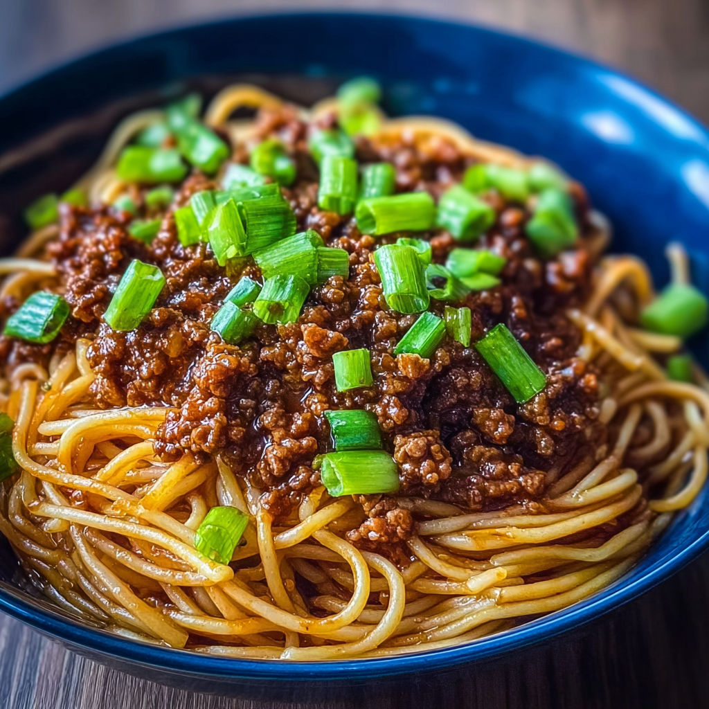 A bowl of Asian ground beef noodles.