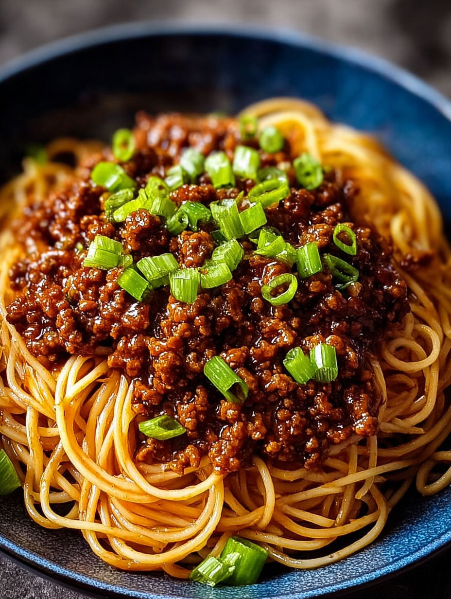 A bowl of Asian ground beef noodles.