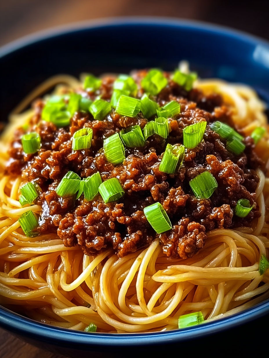 A bowl of Asian ground beef noodles.