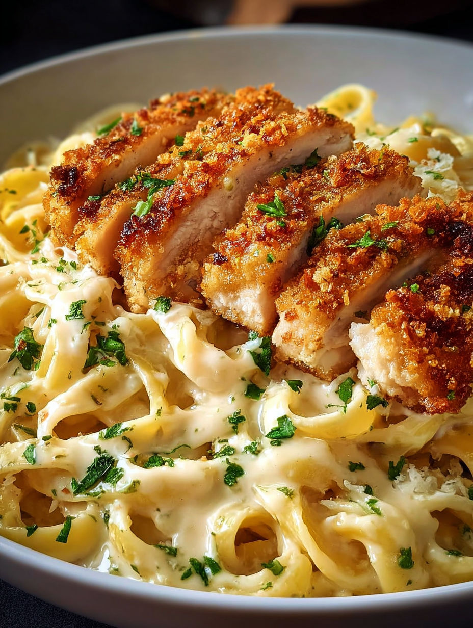 A plate of fettuccine alfredo with chicken.