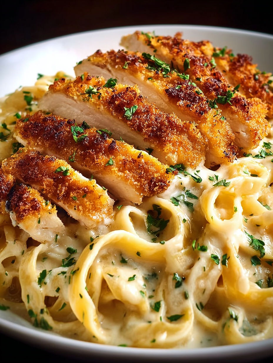 A plate of fettuccine alfredo with chicken.