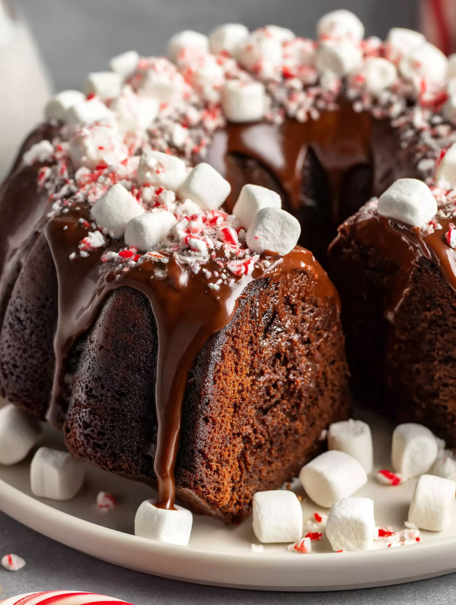 A cake with chocolate frosting and marshmallows on top.