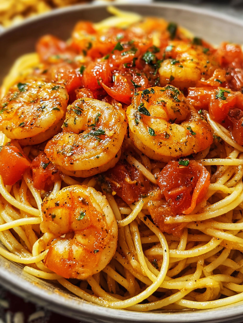 A plate of spaghetti with garlic, tomatoes, and shrimp.