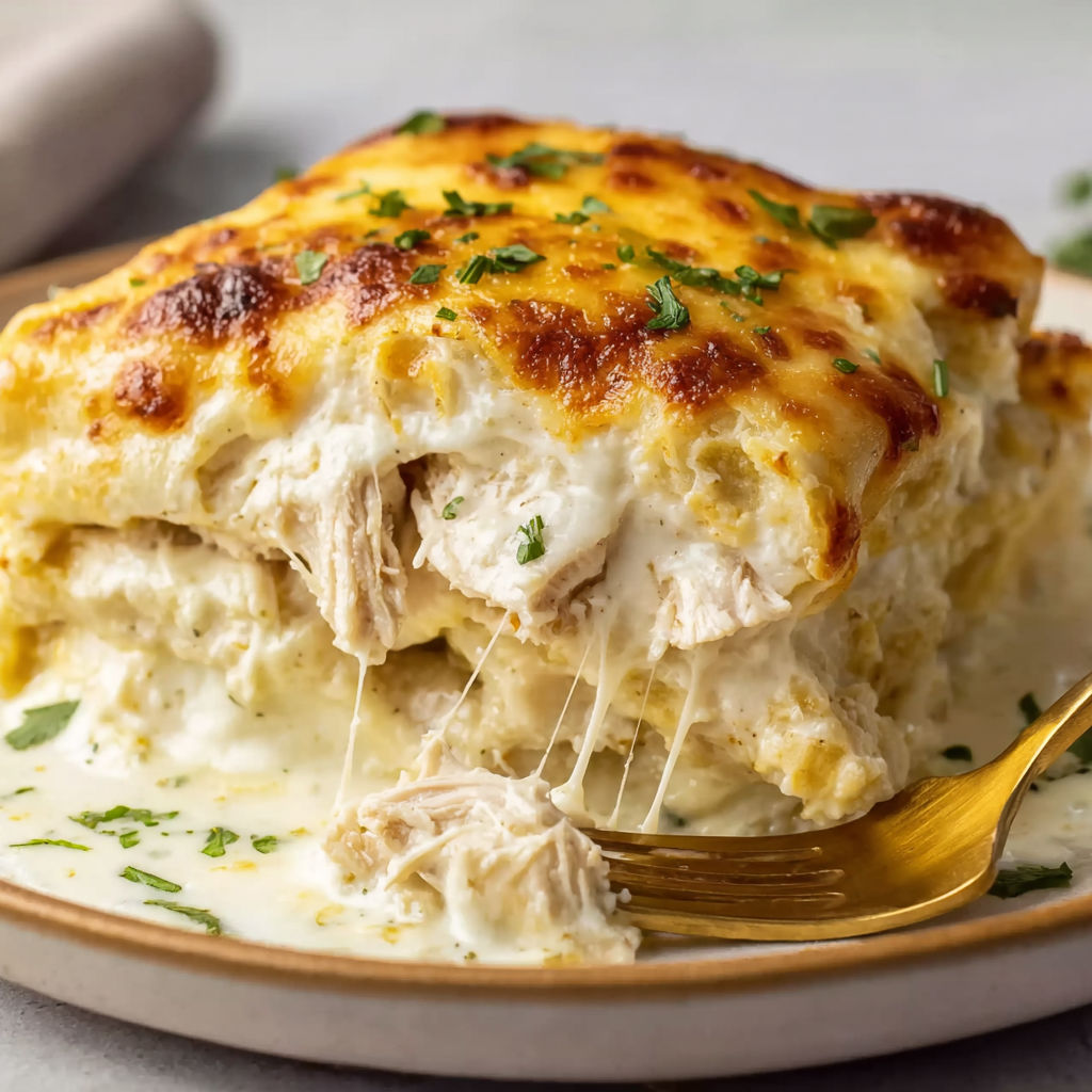 A skillet with white chicken enchiladas.
