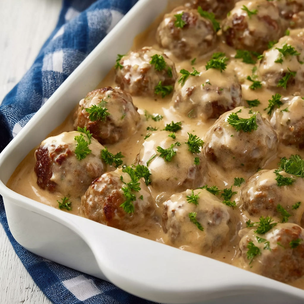 A white bowl filled with Swedish meatballs.
