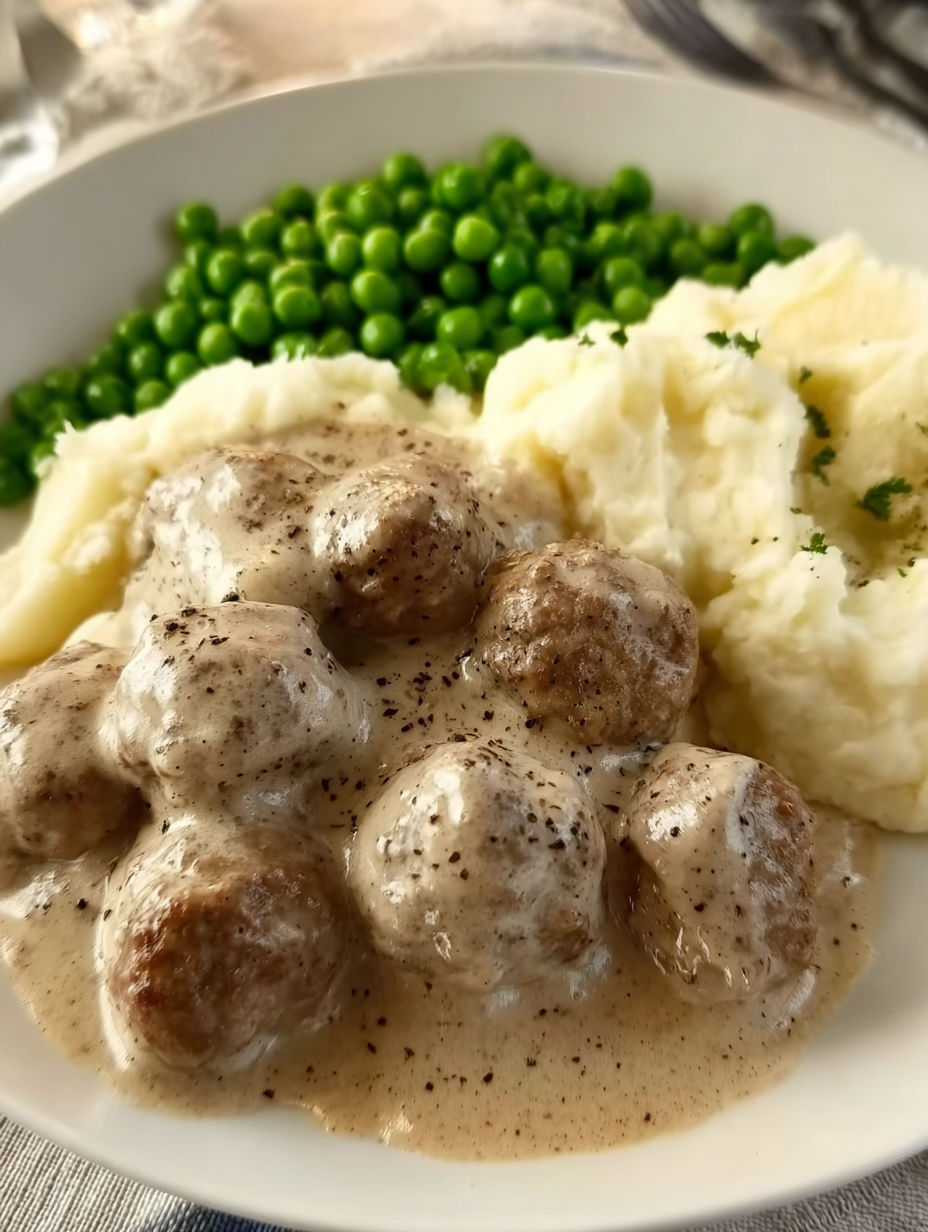 A plate of Swedish meatballs with peas and potatoes.