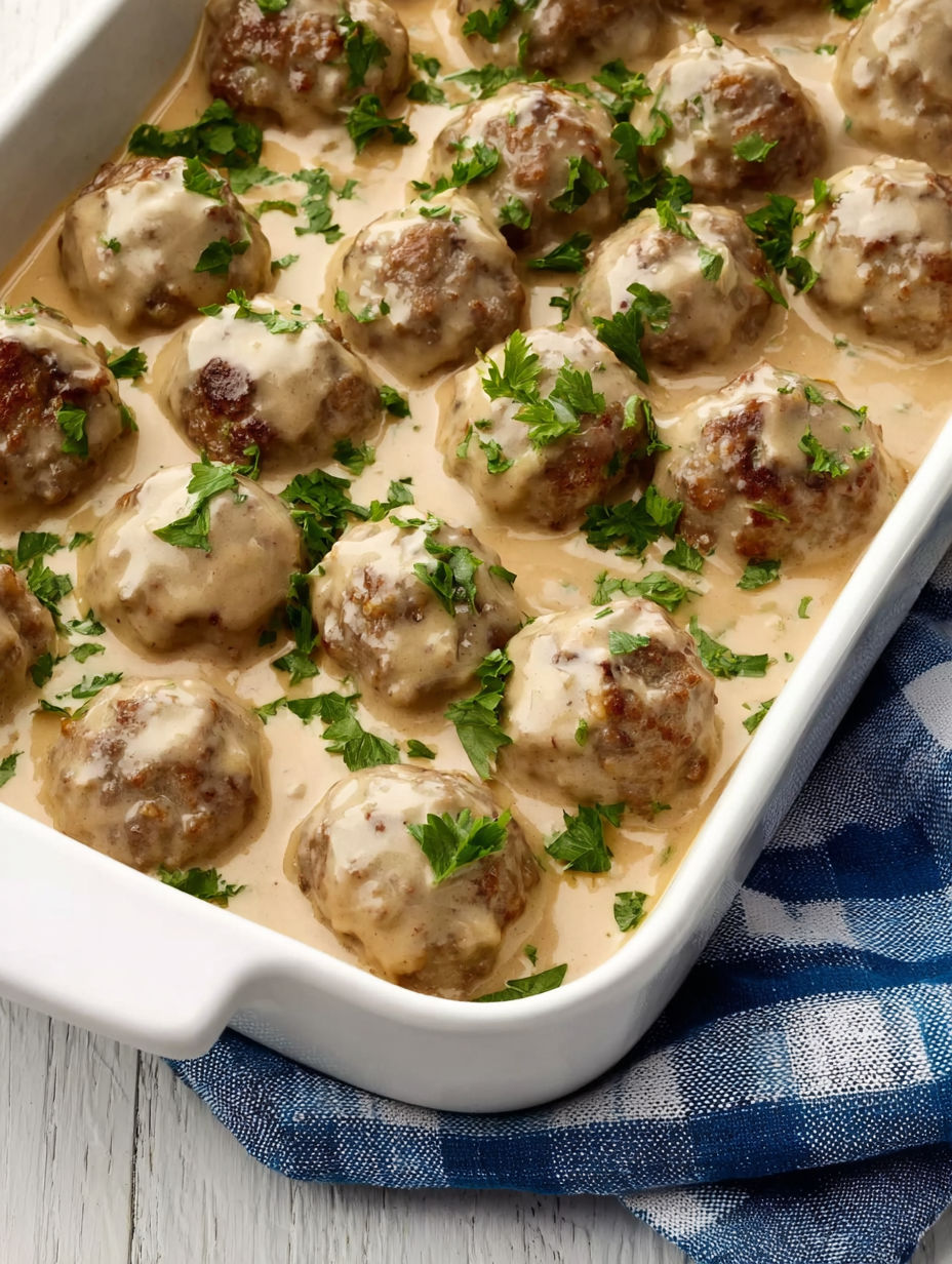 A white dish filled with meatballs and gravy.