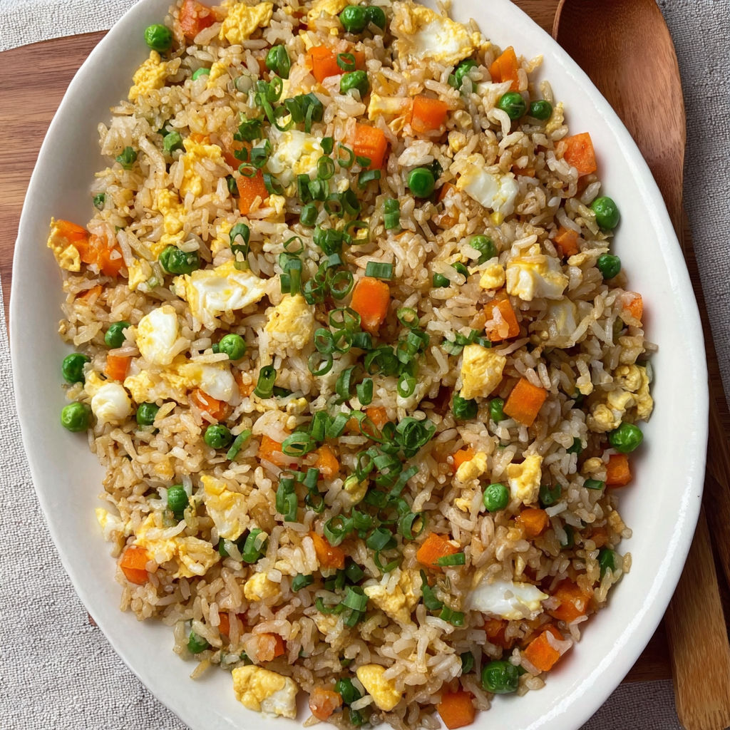 A dish of fried rice with vegetables.