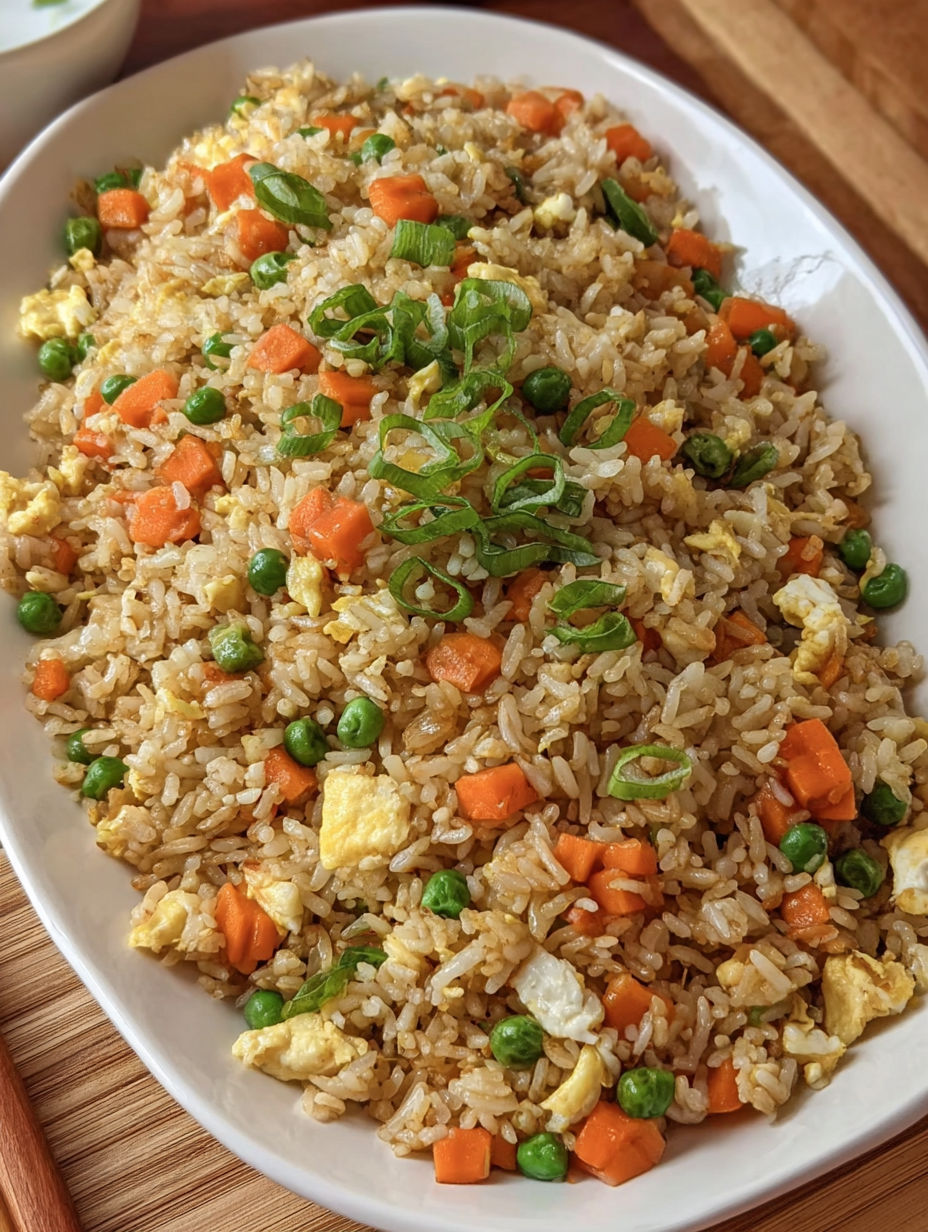A white plate of rice with peas and carrots.