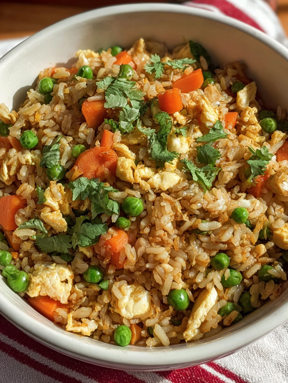 A bowl of rice with peas and carrots.