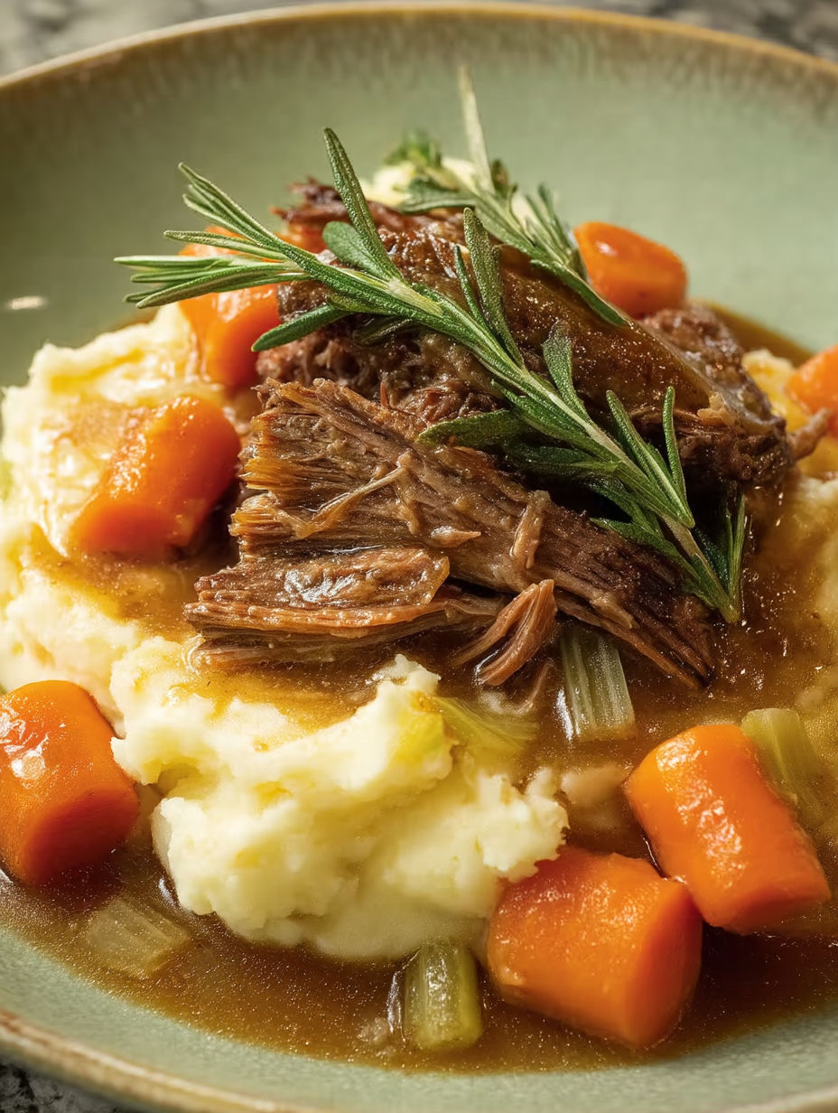A plate of food with a roast and vegetables.