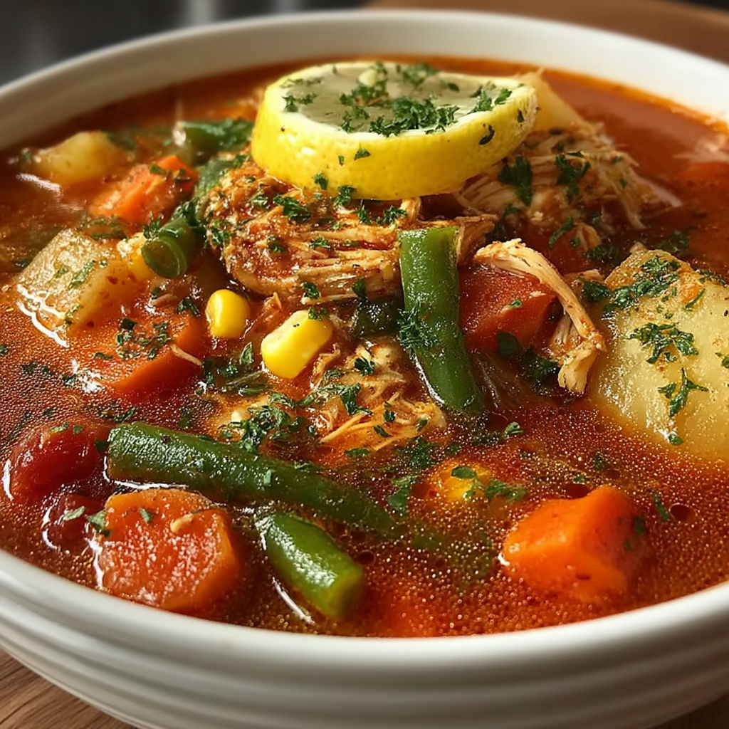 A bowl of soup with chicken, corn, and peppers.
