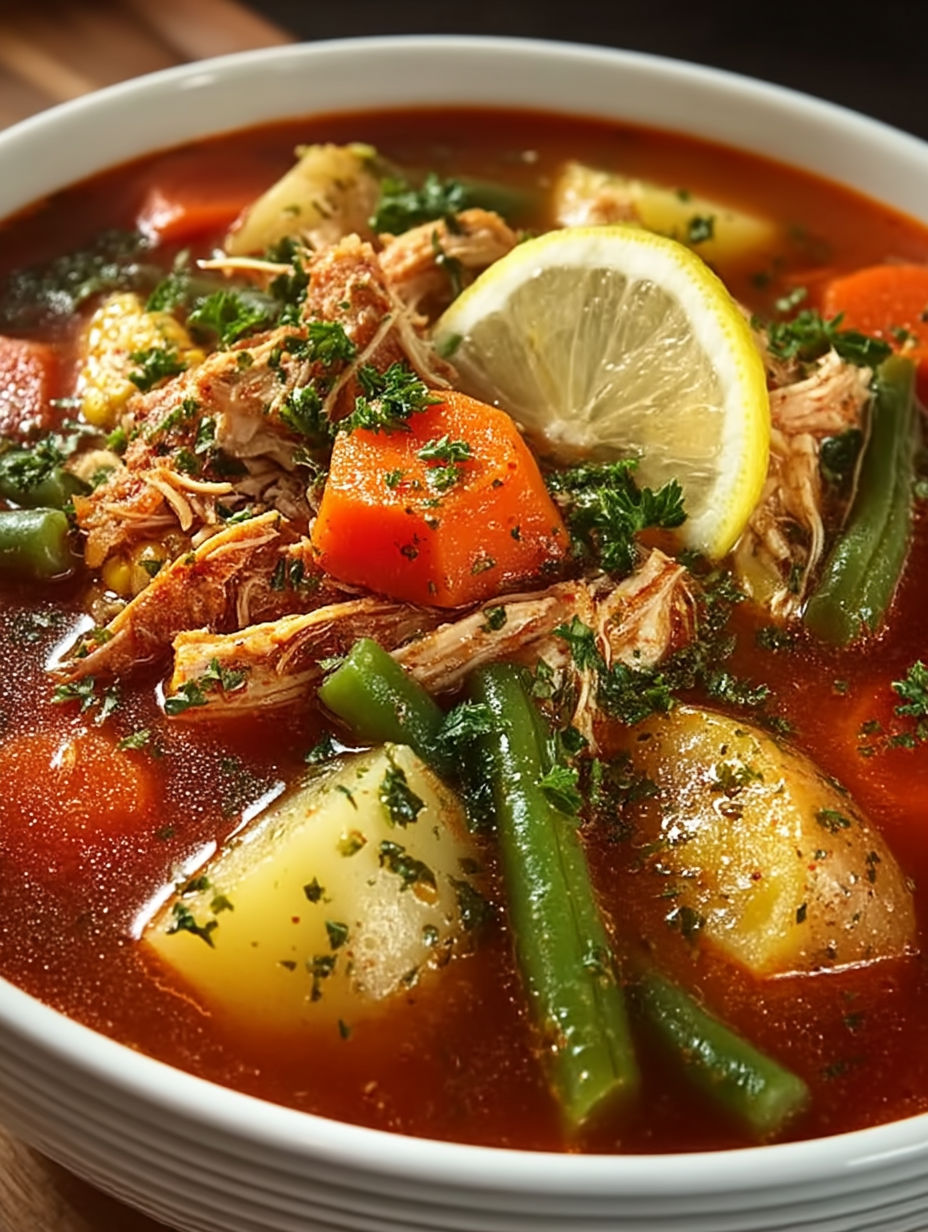 A bowl of soup with meat and vegetables.