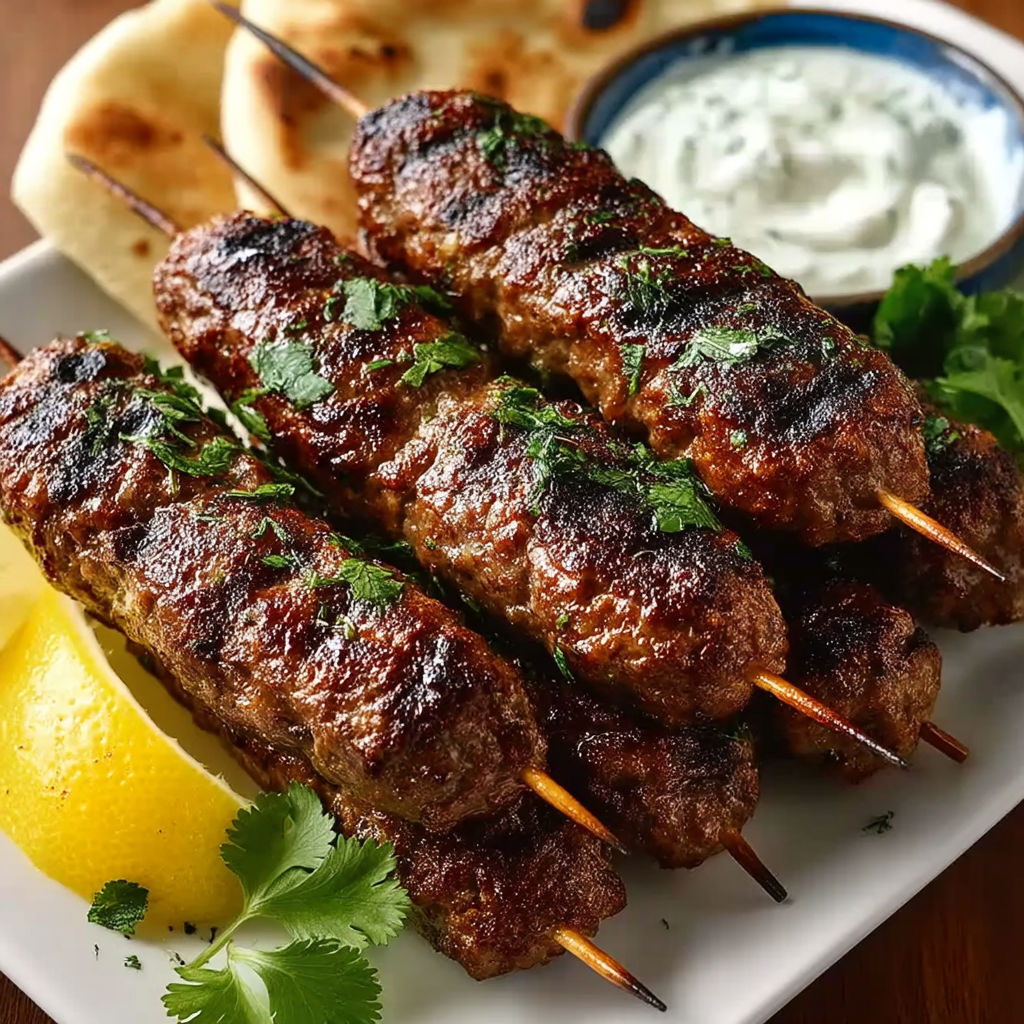 Lamb kofte with yogurt dressing.