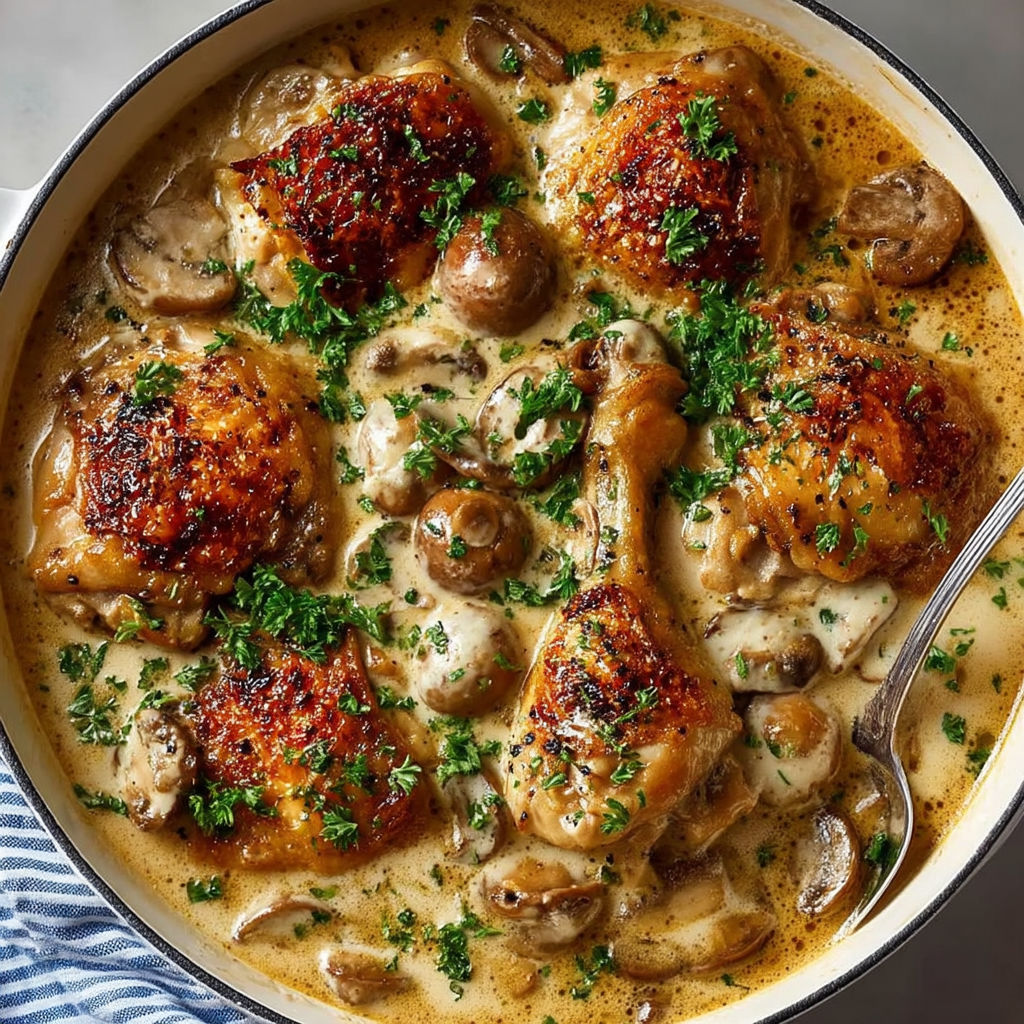 A bowl of chicken fricassee with mushrooms and herbs.