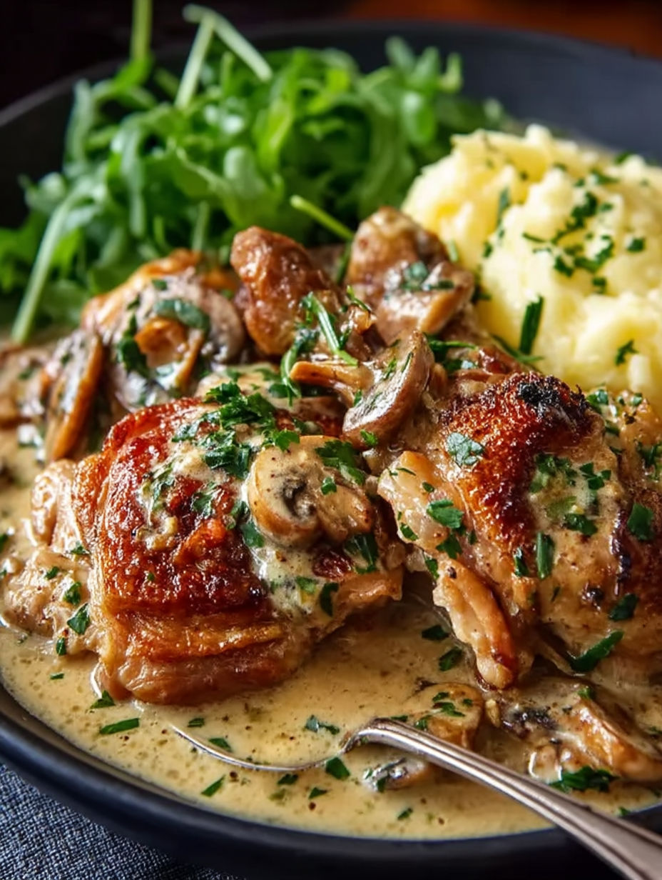 A plate of chicken fricassee with mushrooms and potatoes.