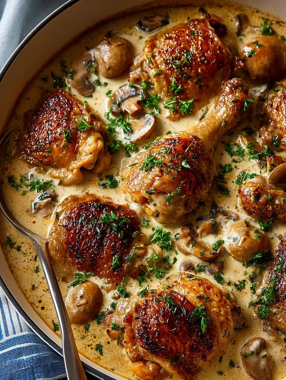 Chicken Fricassée with mushrooms and herbs.
