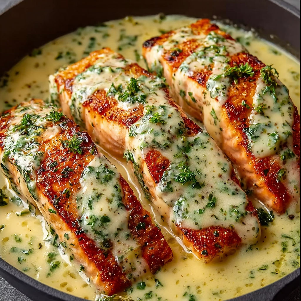 Salmon with herb and garlic cream sauce.