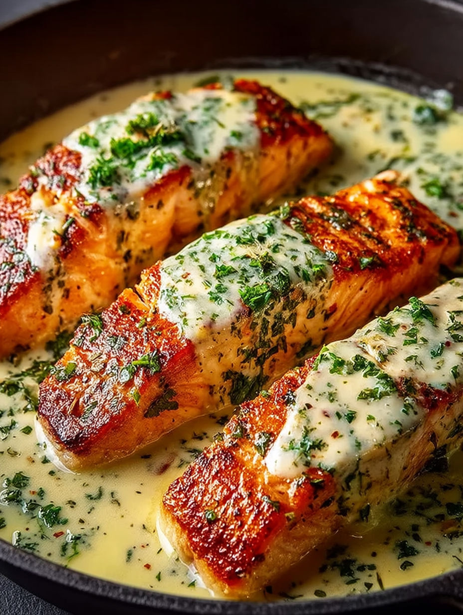 Salmon with herb and garlic cream sauce.