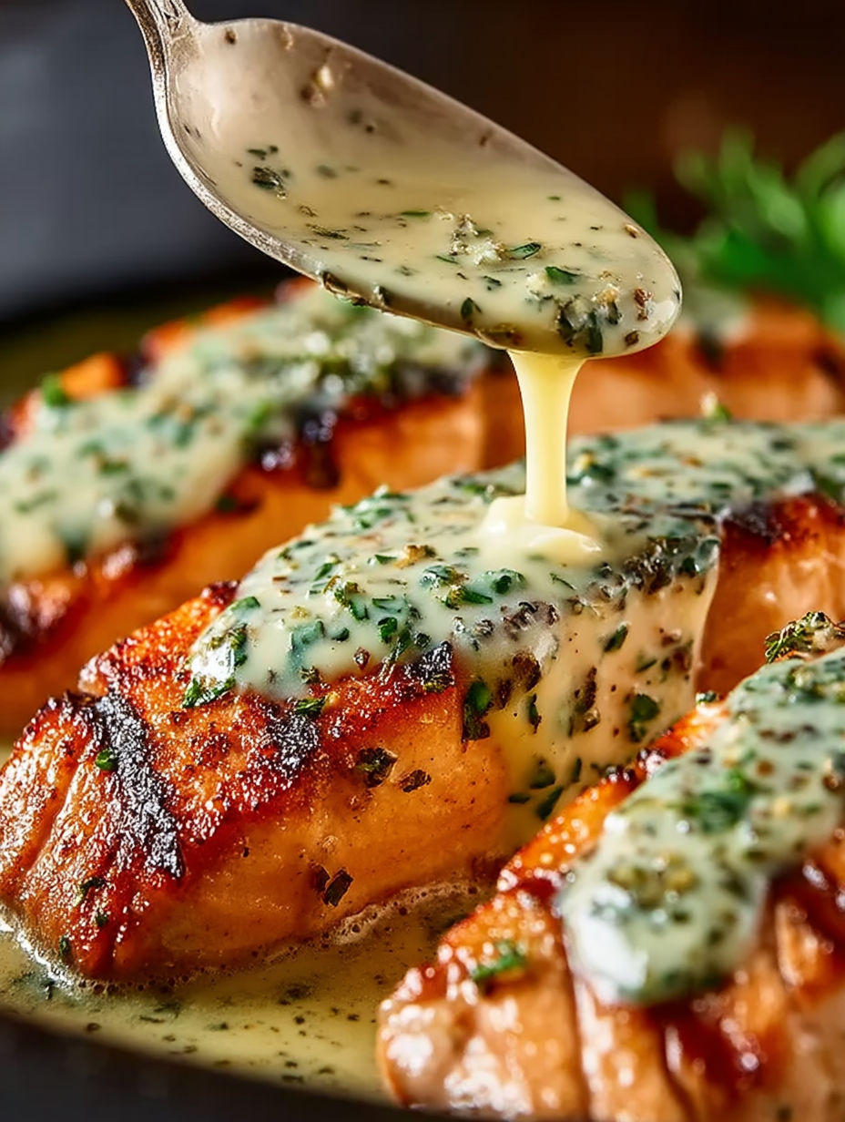 A piece of salmon with herb and garlic cream sauce.